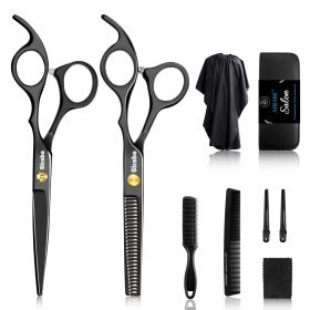 10 PCS Hair Cutting Scissors Set, Professional Haircut Scissors Kit with Cutting Scissors, Thinning Shears, Comb, Cape, Clips, Black Hairdressing Text