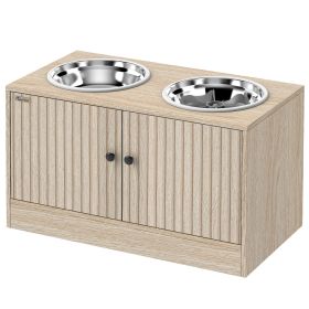 PawHut Elevated Dog Bowls with Storage Cabinet, 2 Stainless Steel Bowls, Slow Feeder, Dog Feeding Station for Large Dogs, Oak